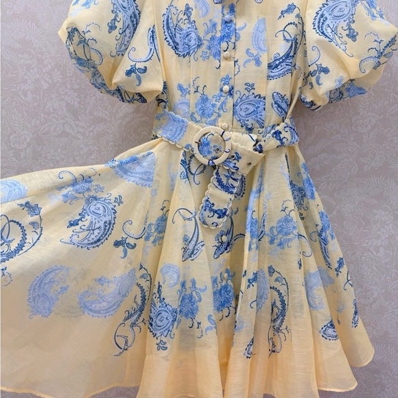 Zimmerman Light Yellow & Blue Paisley Shirt Dress with Belt - Picture 6 of 9